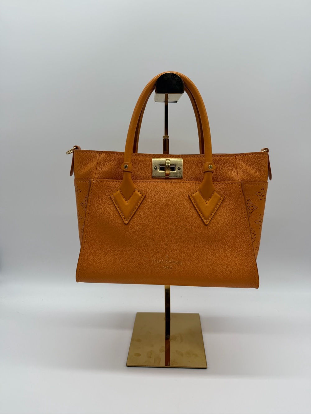 Like New Louis Vuitton Orange Calfskin Leather On My side MM Top-Handle Tote